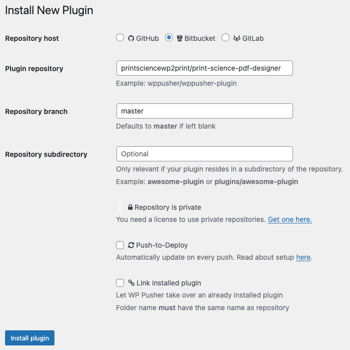 Install Print Science PDF Designer via WP Pusher