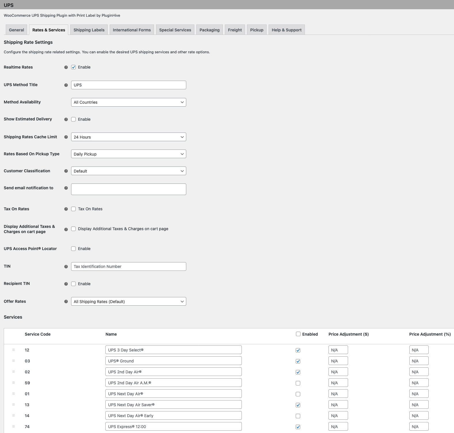 Configuration of UPS rates and services
